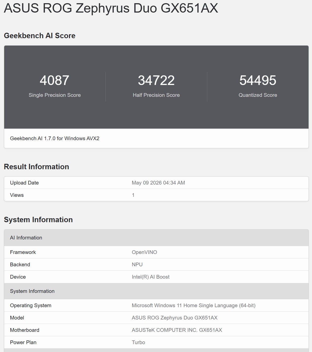 Geekbench AI OpenVINO NPU