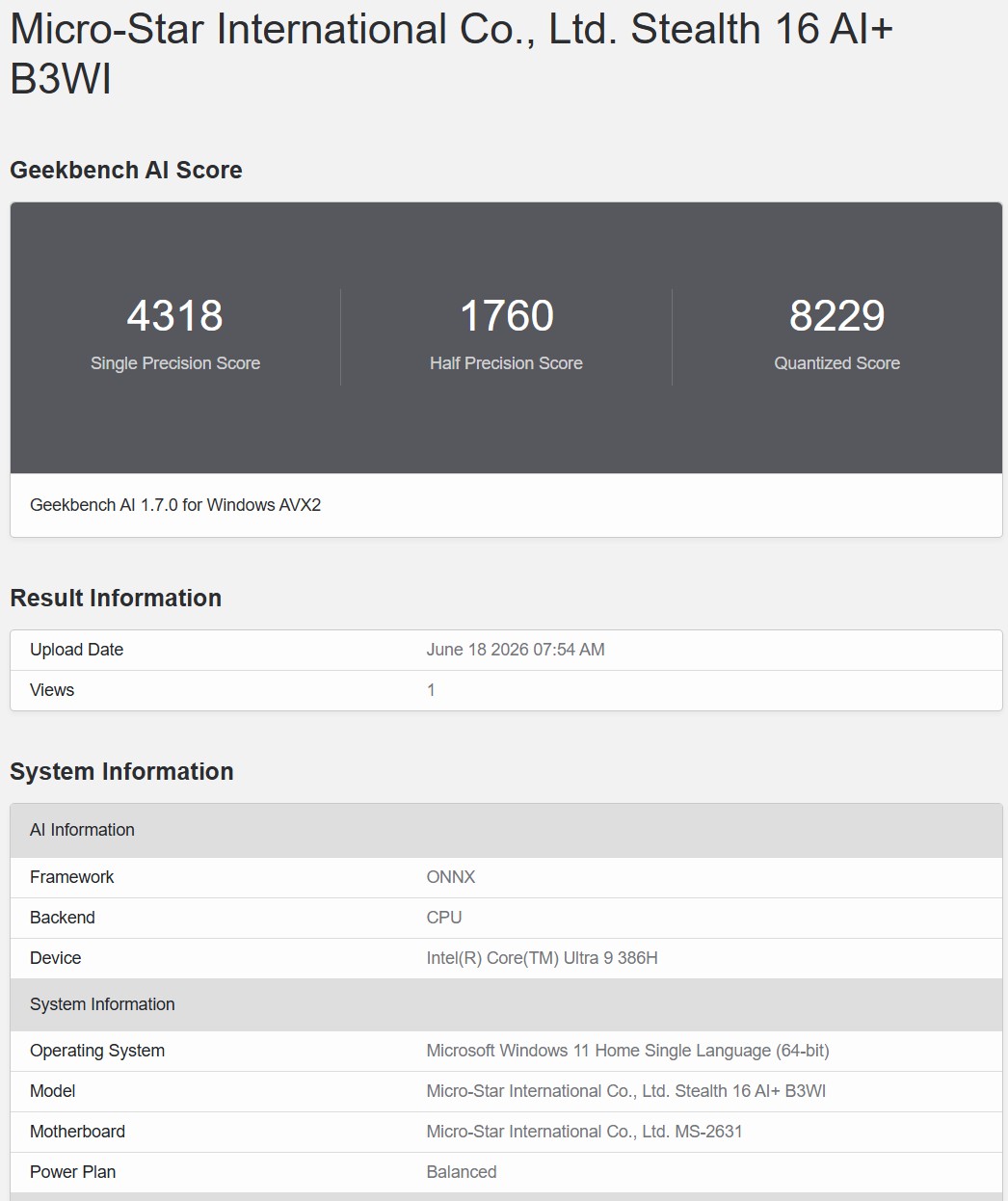 Geekbench AI CPU ONNX