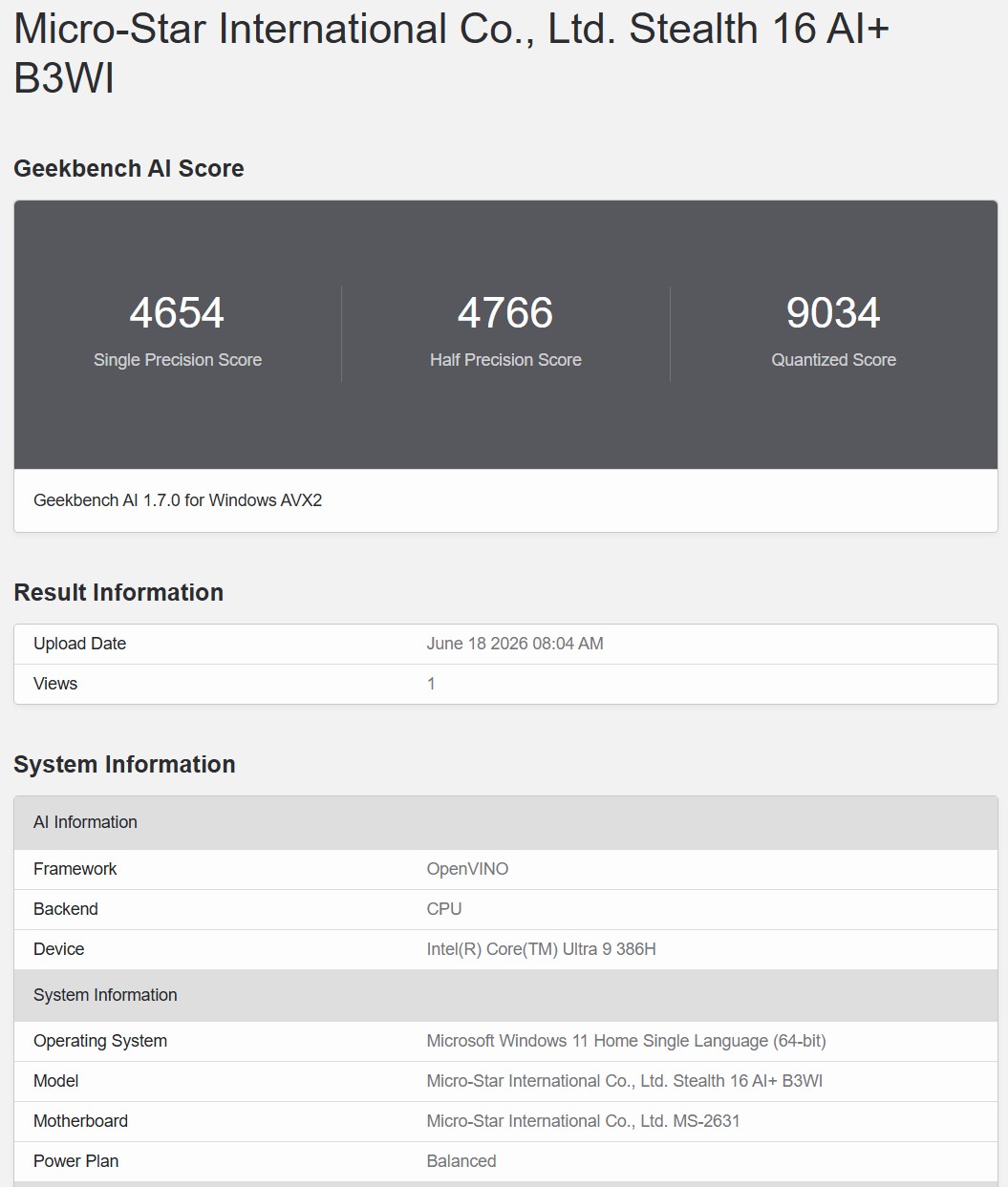 Geekbench AI CPU OpenVINO