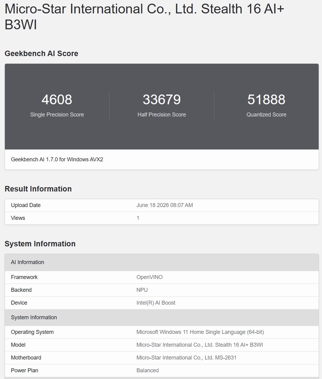 Geekbench AI NPU OpenVINO