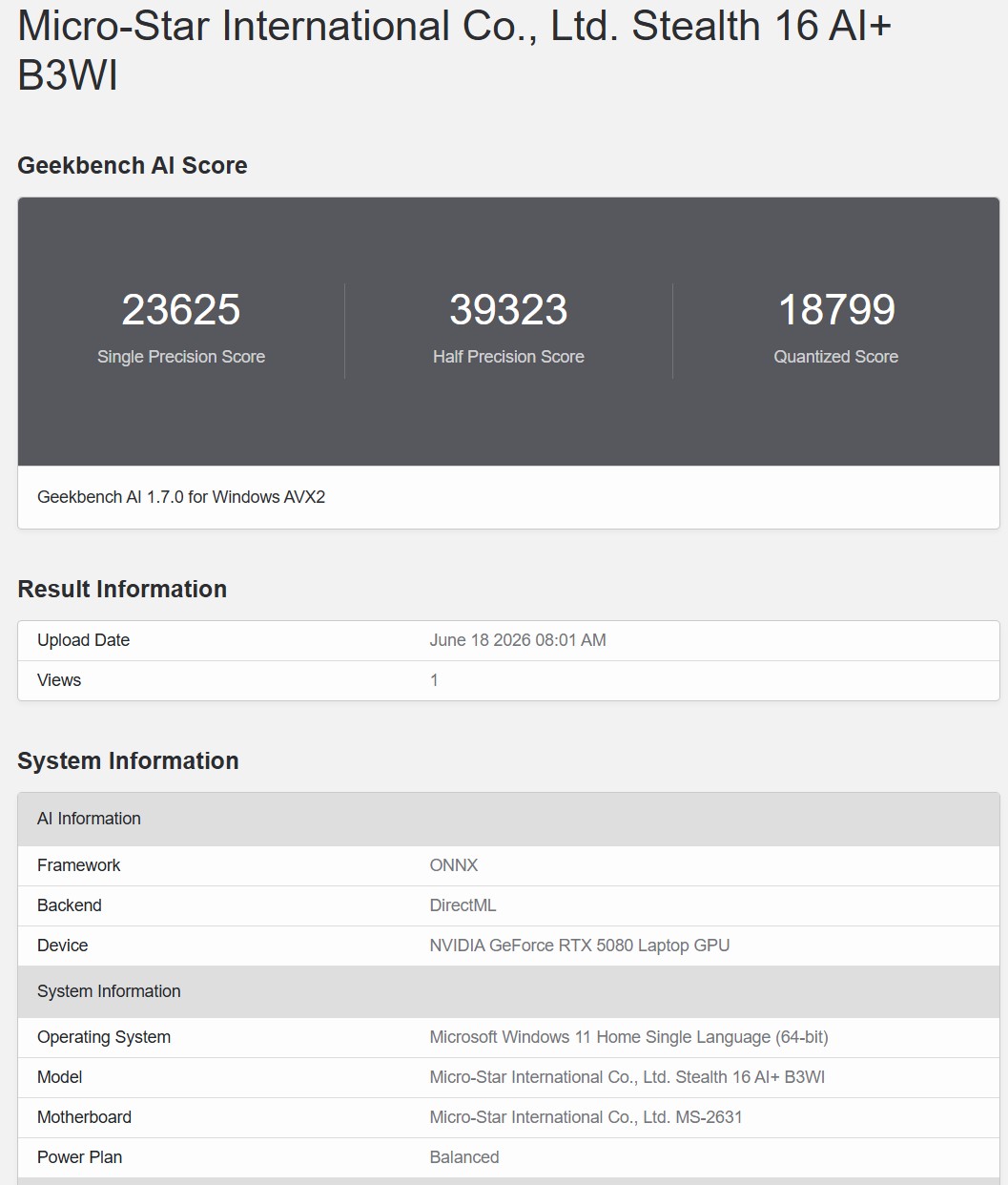 Geekbench AI ONNX DirectML