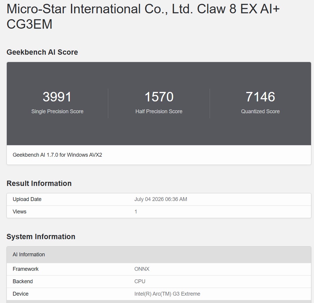 Geekbench AI CPU ONNX