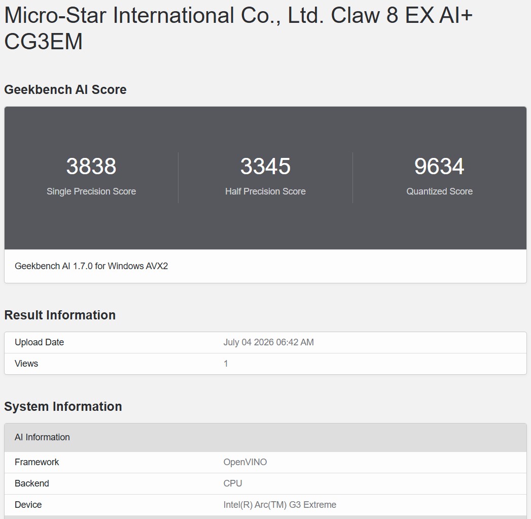 Geekbench AI CPU OpenVINO