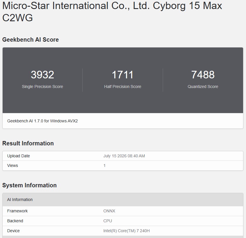 Geekbench AI ONNX 1