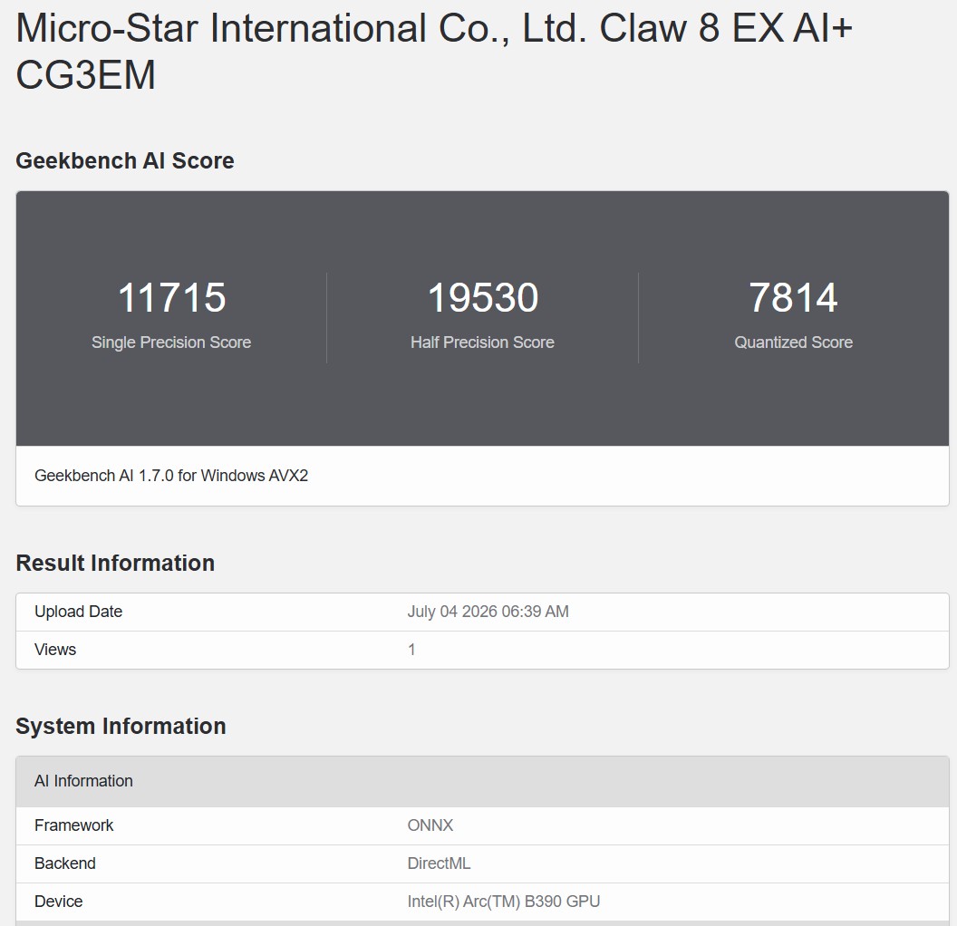 Geekbench AI ONNX DirectML 1