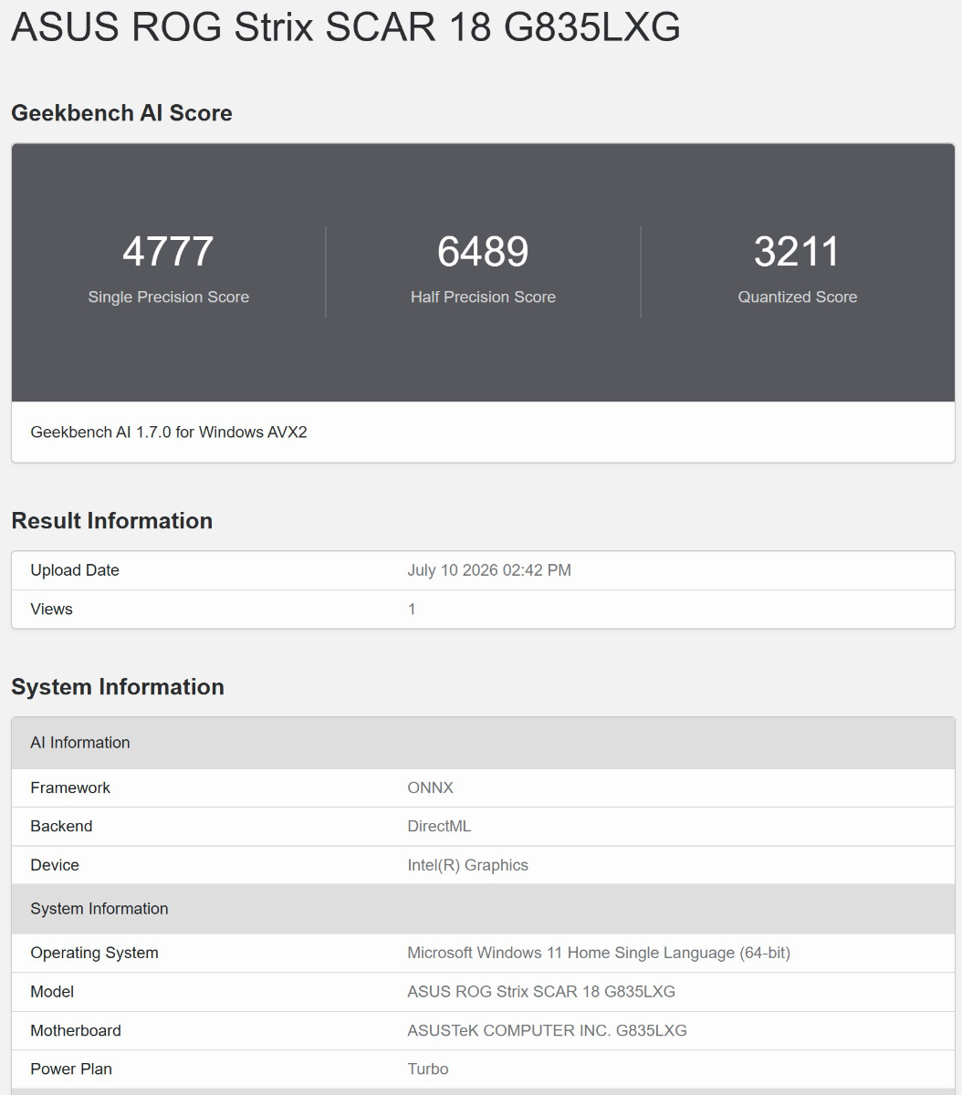 Geekbench AI ONNX DirectML 2