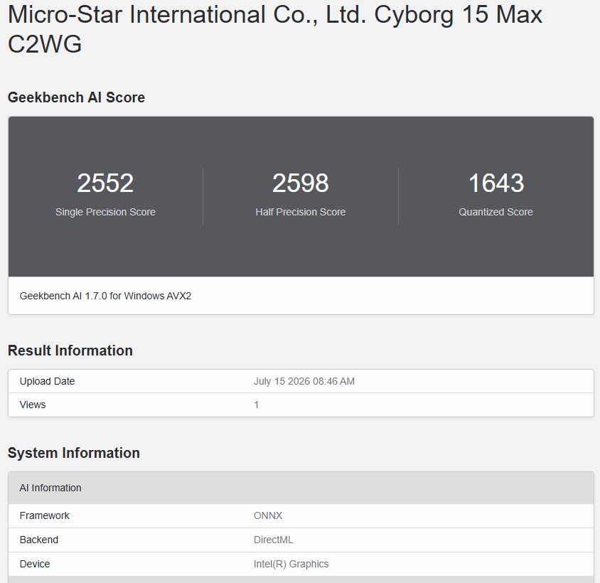 Geekbench AI ONNX DirectML 4