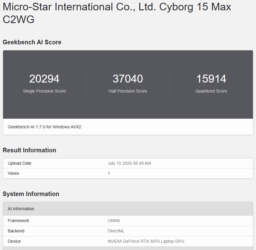 Geekbench AI ONNX DirectML 5