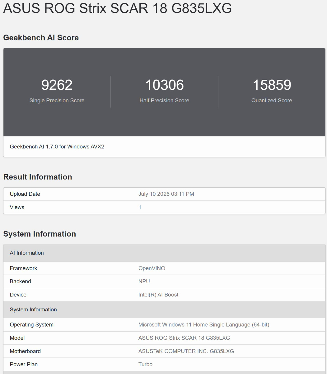 Geekbench AI OpenVINO NPU