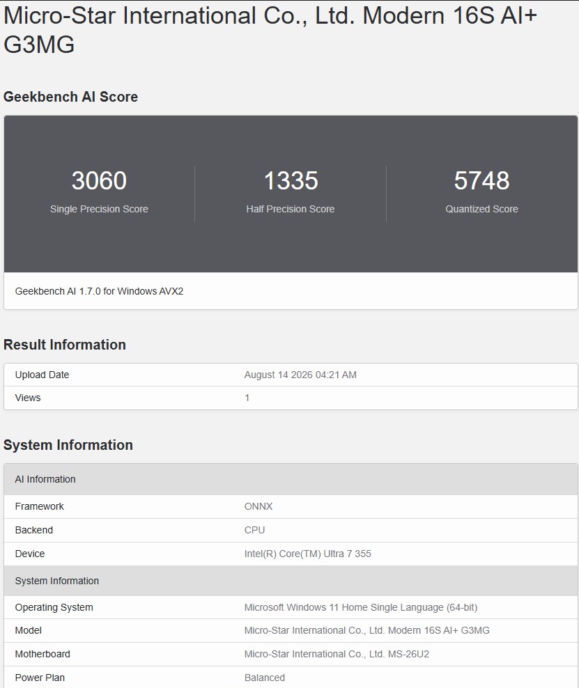 Geekbench AI ONNX 4