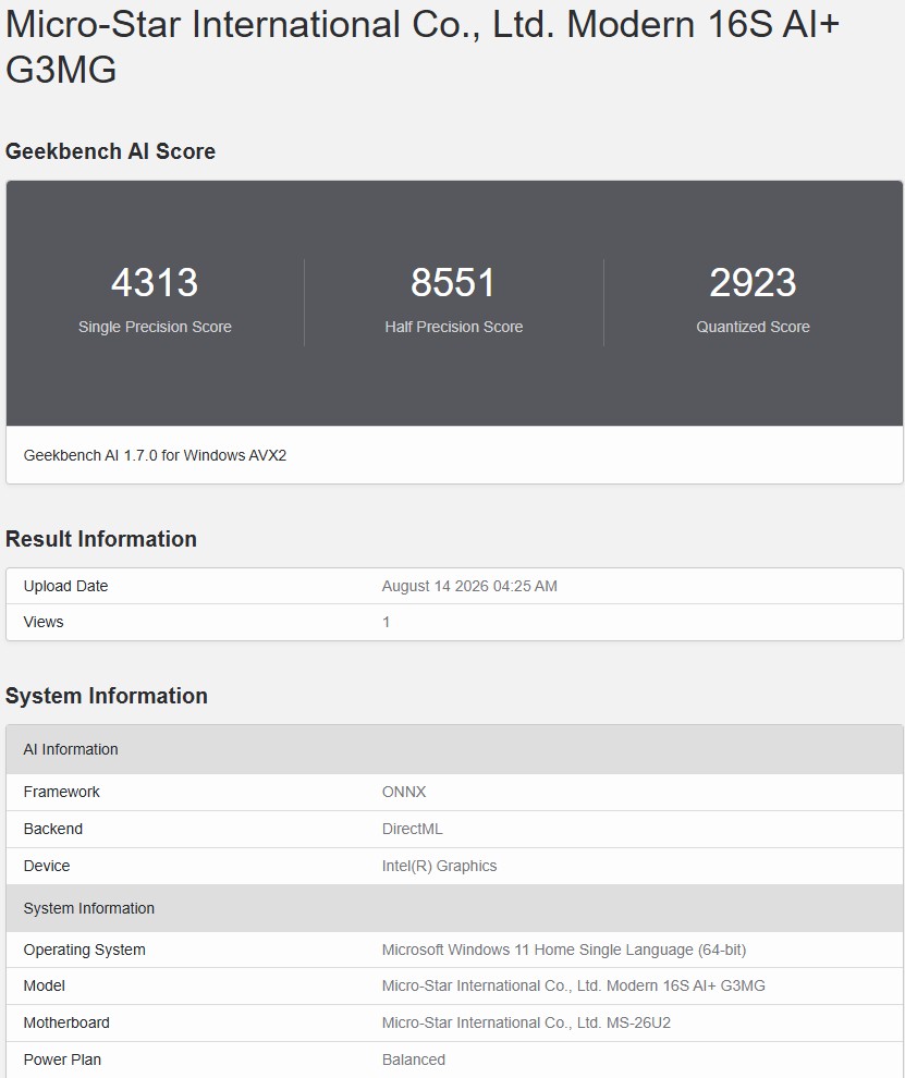 Geekbench AI ONNX DirectML 4
