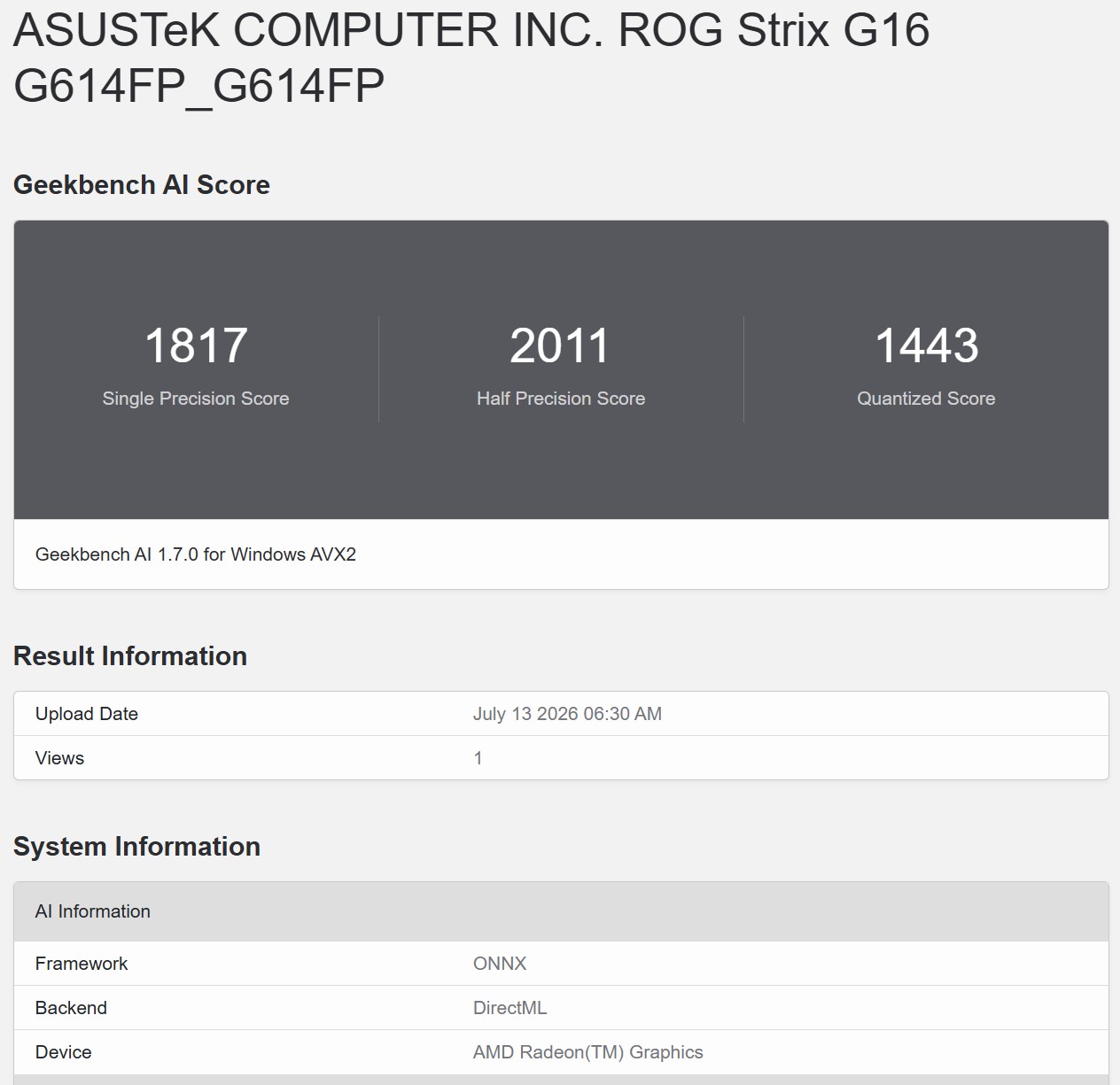 Geekbench AI ONNX DirectML