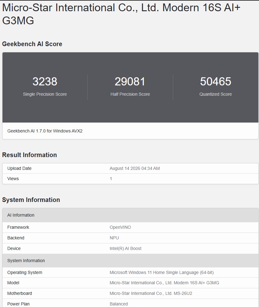 Geekbench AI OpemVINO NPU
