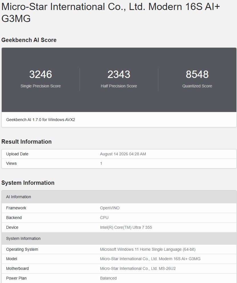 Geekbench AI OpemVINO