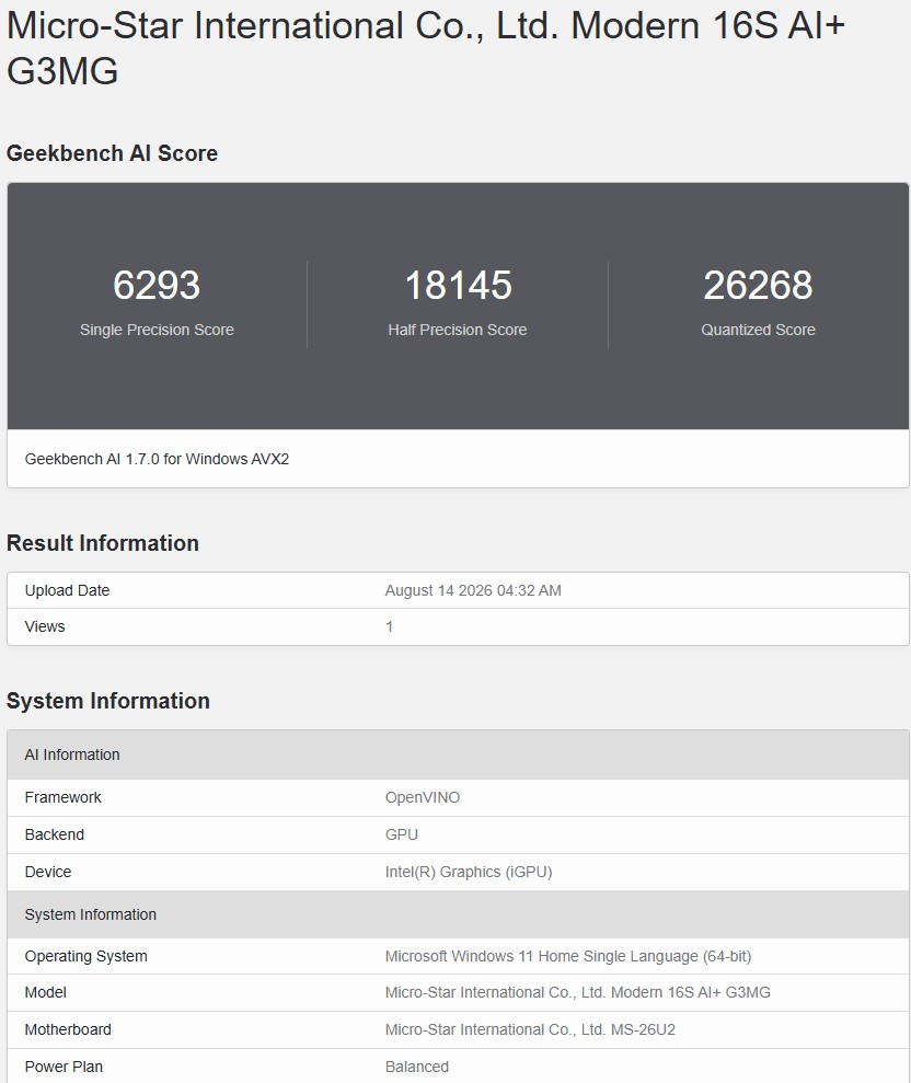 Geekbench AI OpenVINO 4