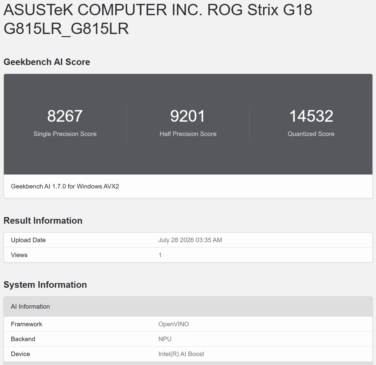 Geekbench AI OpenVINO NPU