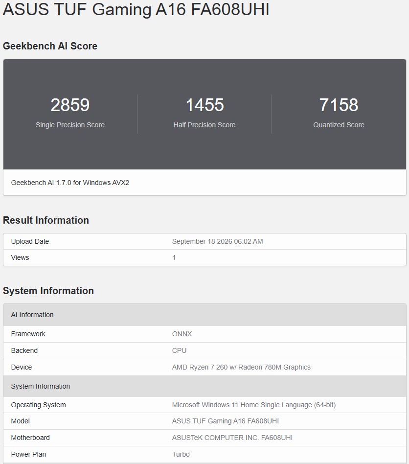 Geekbench AI CPU ONNX 1