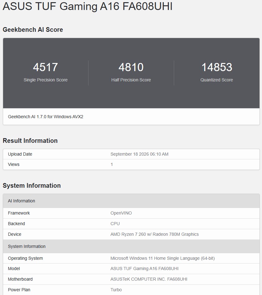 Geekbench AI CPU OpenVINO 1