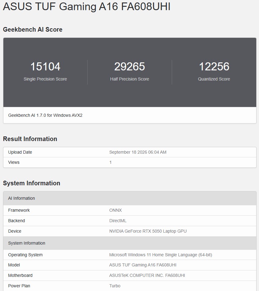 Geekbench AI ONNX DirectML 1