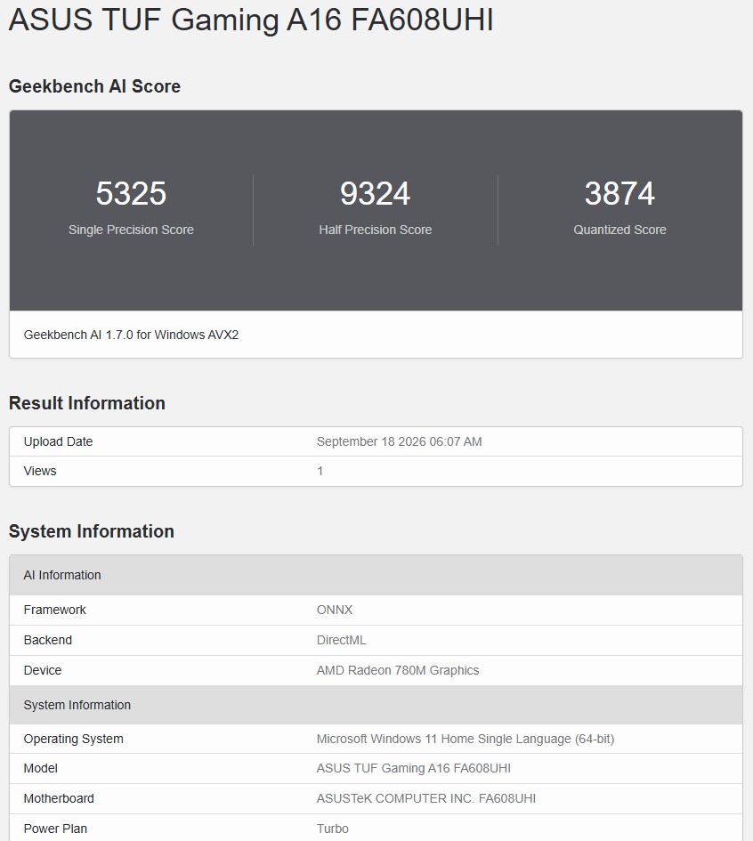 Geekbench AI ONNX DirectML