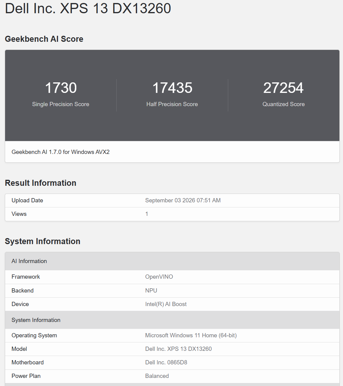 Geekbench AI OpenVINO NPU 1